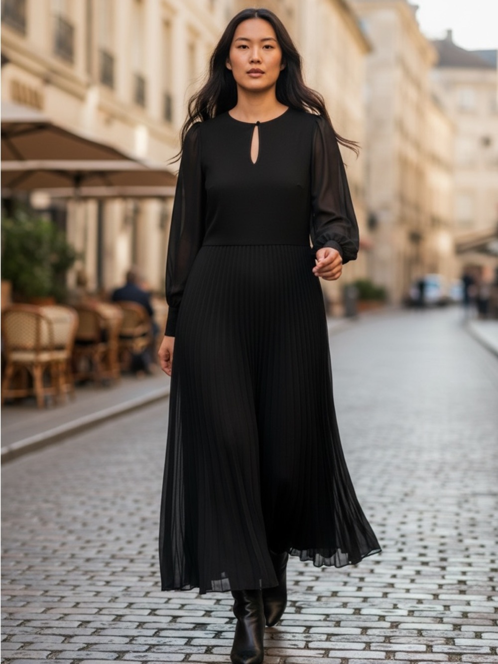 Nordstrom Black Pleated Maxi Dress with Keyhole Neck